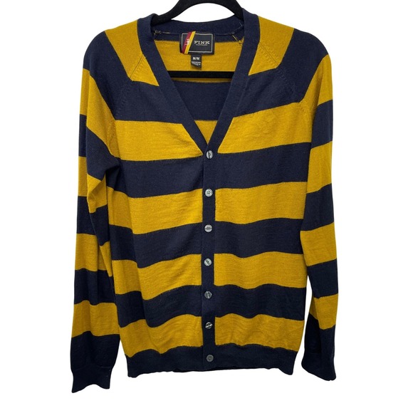 Fink Mens Striped Rugby Cardigan Sweater Yellow Blue Wool Preppy y2k Academia M - Picture 1 of 9